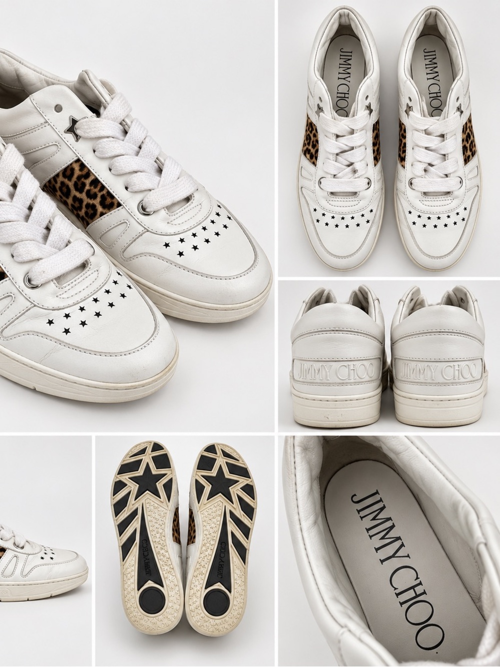 Jimmy Choo White Leather Sneakers with Leopard Print & Star Details – Size 41